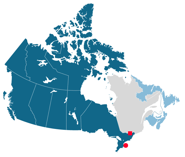 Carte représentant les diverses provinces que représente chacun des bureaux du Québec