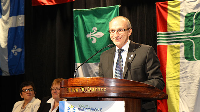 Québec, le 29 mai 2012. – M. Yvon Vallières, ministre responsable des Affaires intergouvernementales canadiennes et de la Francophonie canadienne, à la cl�ture du Forum.